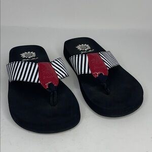EUC Yellow Box Black and White Striped Sandals with Red Accent Size 7
